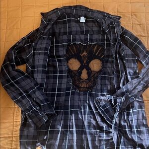 Hot Topic Plaid Button-Up Shirt with Lace Skull Design